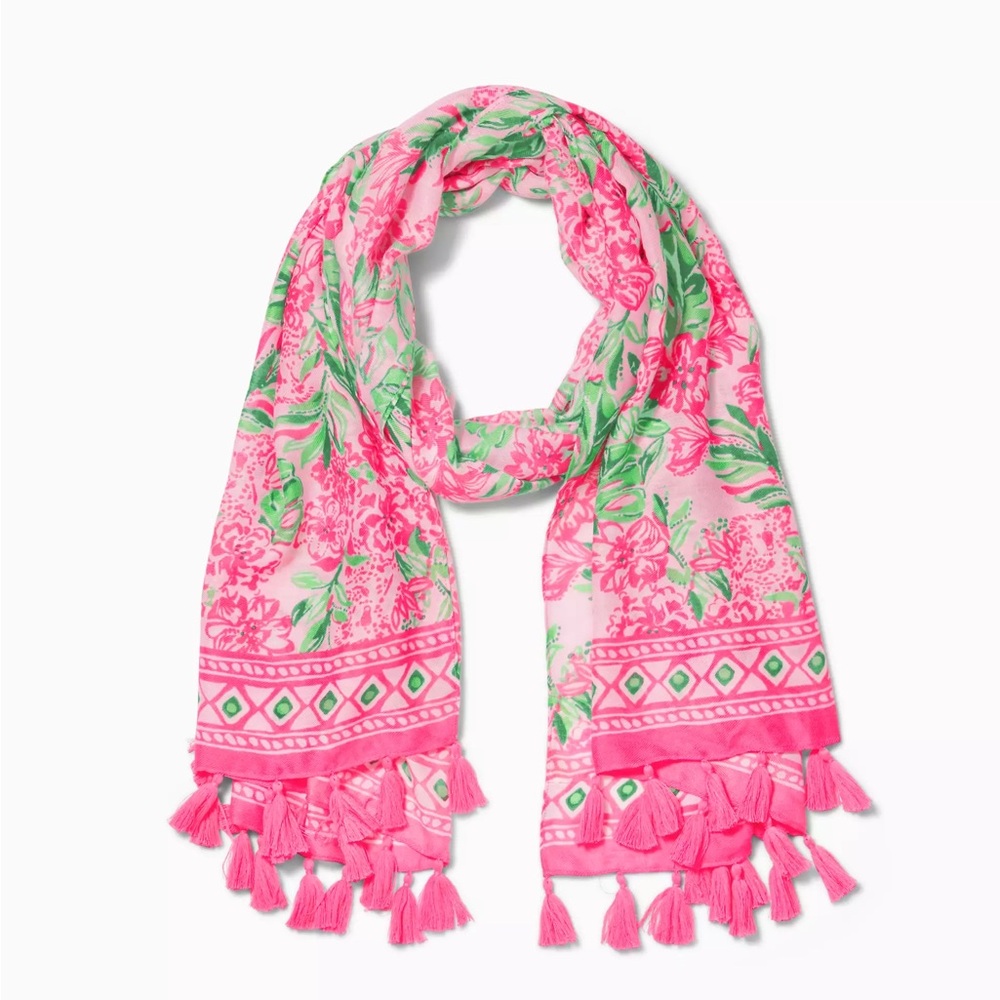 Lilly Pulitzer Lightweight Resort Scarf Tassel Trim Conch Shell Pink Koala La La